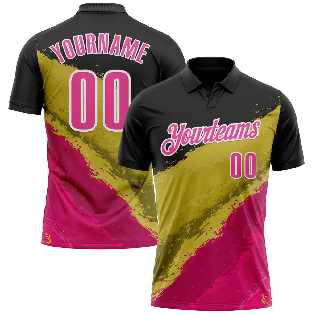 Custom Black Pink-Old Gold 3D Bowling Splash Ink Performance Polo Shirt photo 1