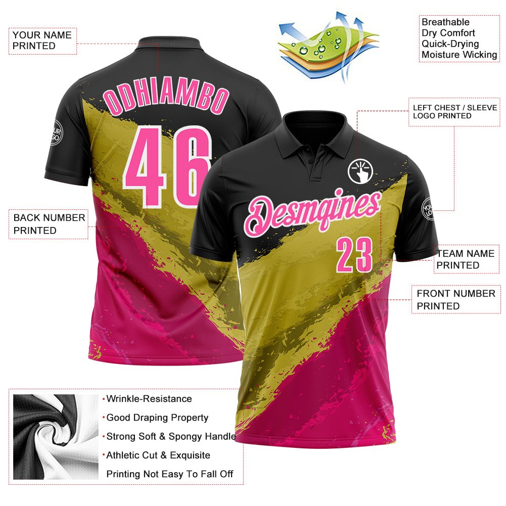 Custom Black Pink-Old Gold 3D Bowling Splash Ink Performance Polo Shirt photo 3