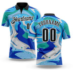 Custom Thunder Blue Black-Sky Blue 3D Bowling Splash Ink Performance Polo Shirt
