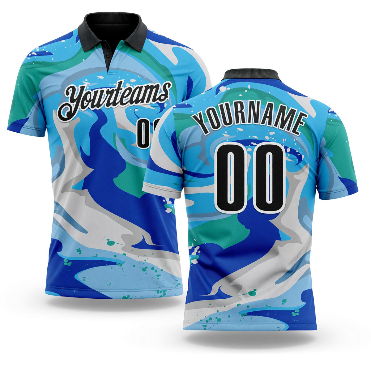 Custom Thunder Blue Black-Sky Blue 3D Bowling Splash Ink Performance Polo Shirt