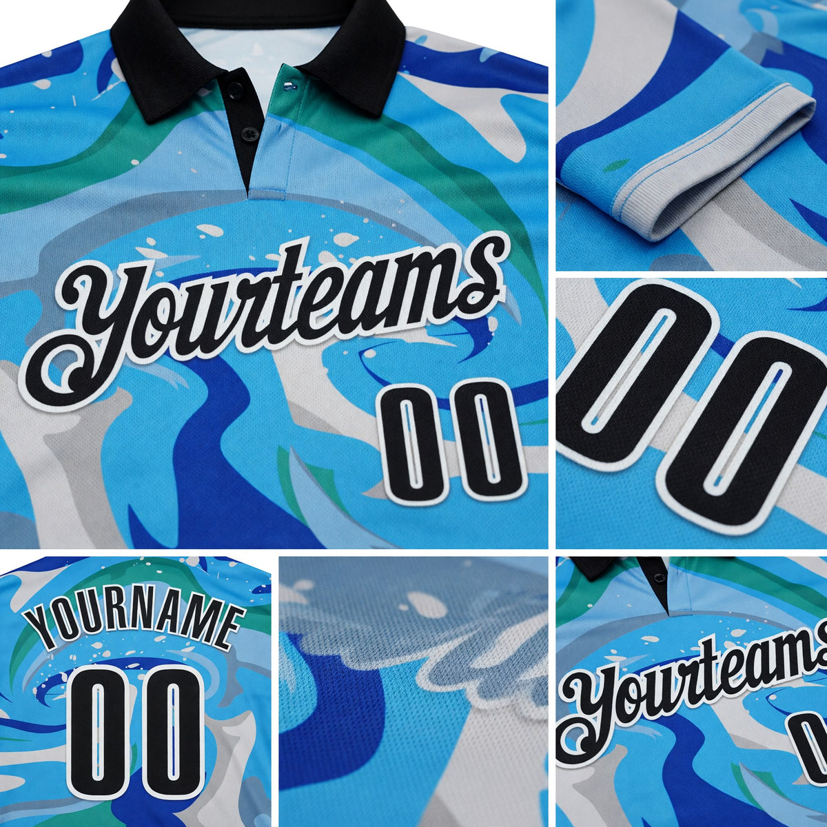 Custom Thunder Blue Black-Sky Blue 3D Bowling Splash Ink Performance Polo Shirt detail