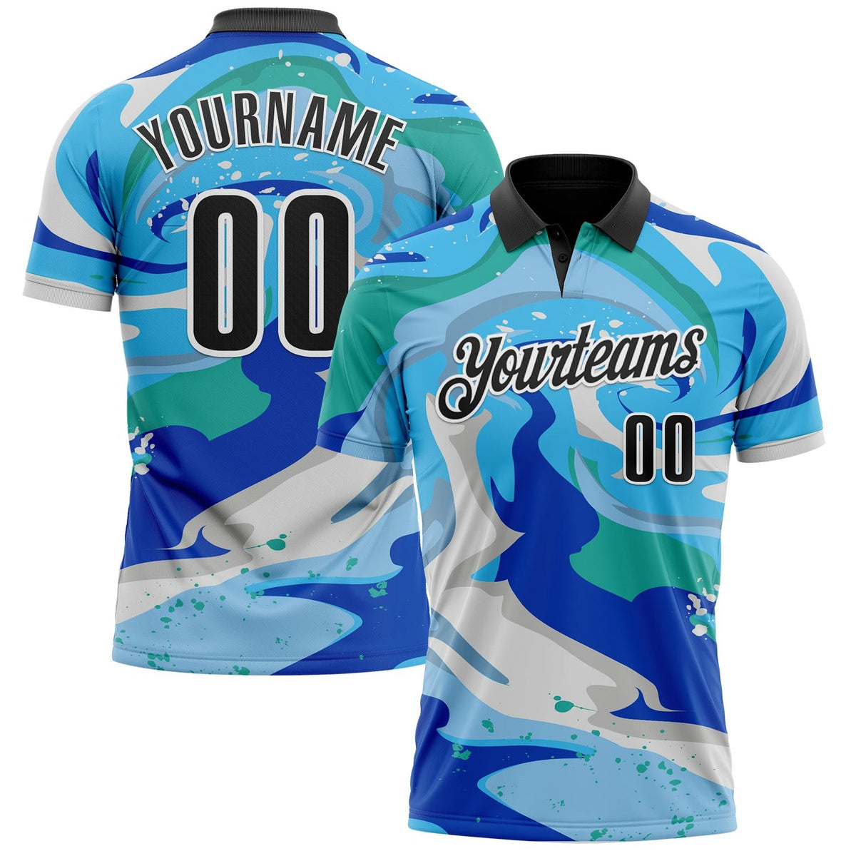 Custom Thunder Blue Black-Sky Blue 3D Bowling Splash Ink Performance Polo Shirt photo 1