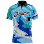 Custom Thunder Blue Black-Sky Blue 3D Bowling Splash Ink Performance Polo Shirt photo 2