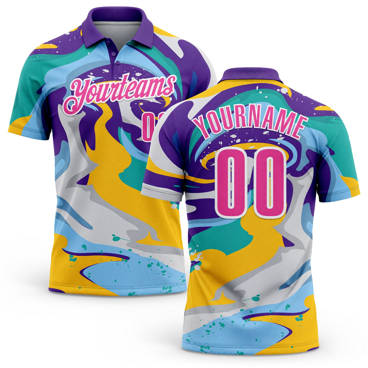 Custom Purple Pink Yellow-Aqua 3D Bowling Splash Ink Performance Polo Shirt