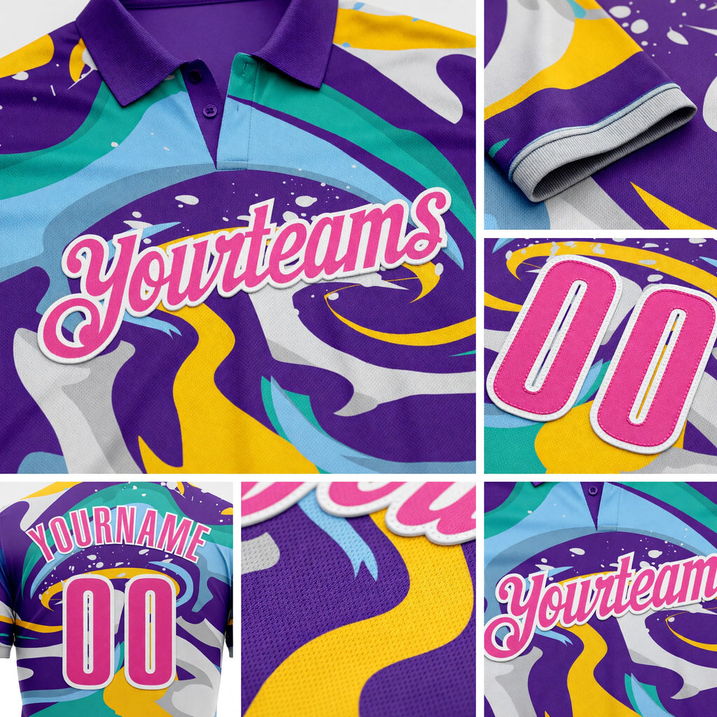 Custom Purple Pink Yellow-Aqua 3D Bowling Splash Ink Performance Polo Shirt detail