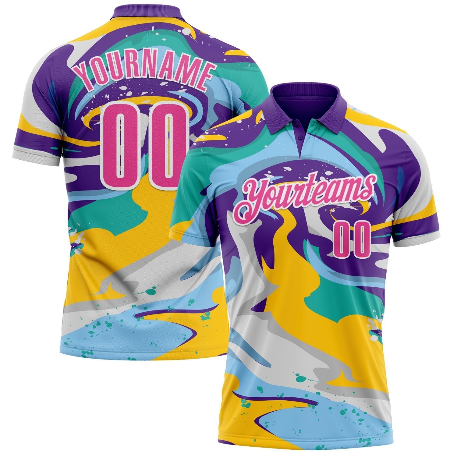 Custom Purple Pink Yellow-Aqua 3D Bowling Splash Ink Performance Polo Shirt photo 1