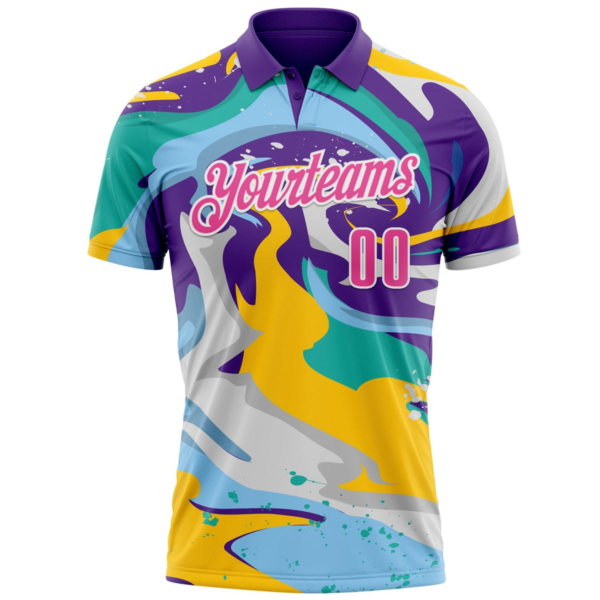 Custom Purple Pink Yellow-Aqua 3D Bowling Splash Ink Performance Polo Shirt photo 2