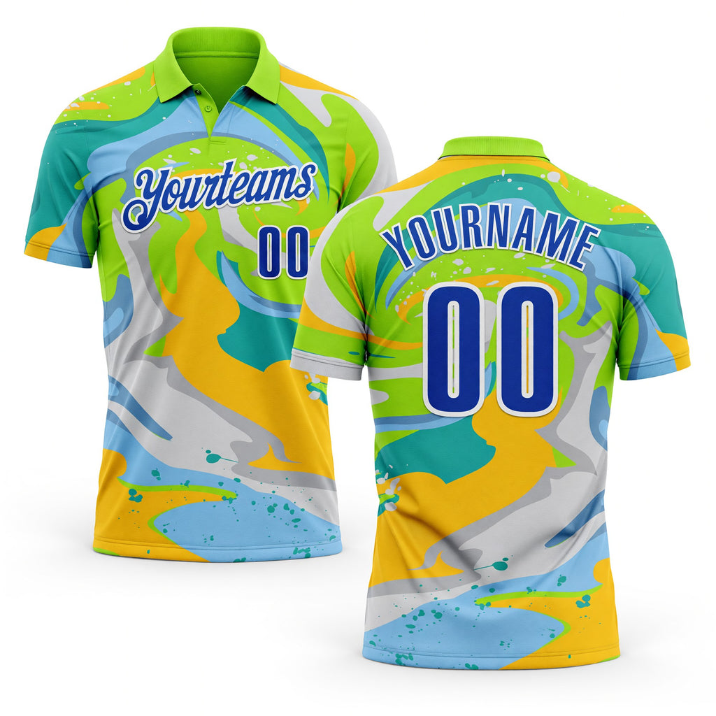 Custom Neon Green Thunder Blue Yellow-Aqua 3D Bowling Splash Ink Performance Polo Shirt