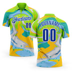 Custom Neon Green Thunder Blue Yellow-Aqua 3D Bowling Splash Ink Performance Polo Shirt