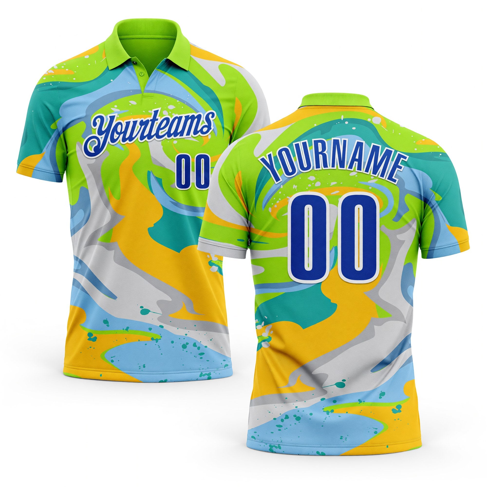 Custom Neon Green Thunder Blue Yellow-Aqua 3D Bowling Splash Ink Performance Polo Shirt