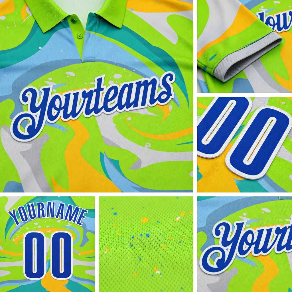 Custom Neon Green Thunder Blue Yellow-Aqua 3D Bowling Splash Ink Performance Polo Shirt detail