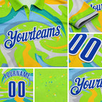 Custom Neon Green Thunder Blue Yellow-Aqua 3D Bowling Splash Ink Performance Polo Shirt detail