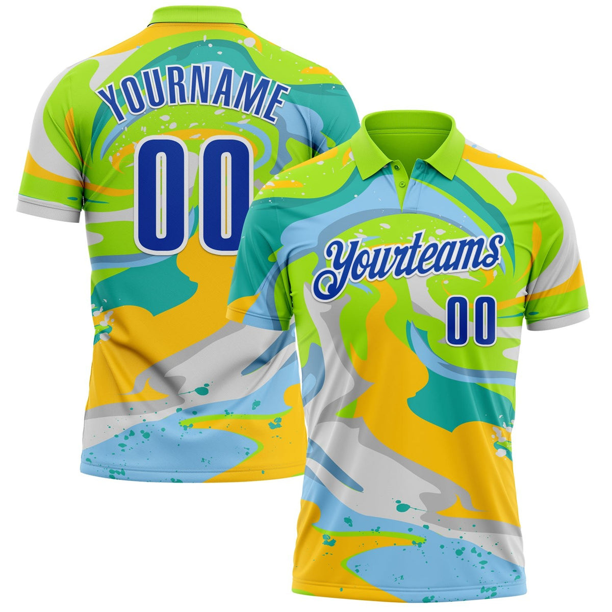 Custom Neon Green Thunder Blue Yellow-Aqua 3D Bowling Splash Ink Performance Polo Shirt photo 1