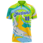 Custom Neon Green Thunder Blue Yellow-Aqua 3D Bowling Splash Ink Performance Polo Shirt photo 2