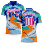 Custom Thunder Blue Pink Bay Orange-Aqua 3D Bowling Splash Ink Performance Polo Shirt