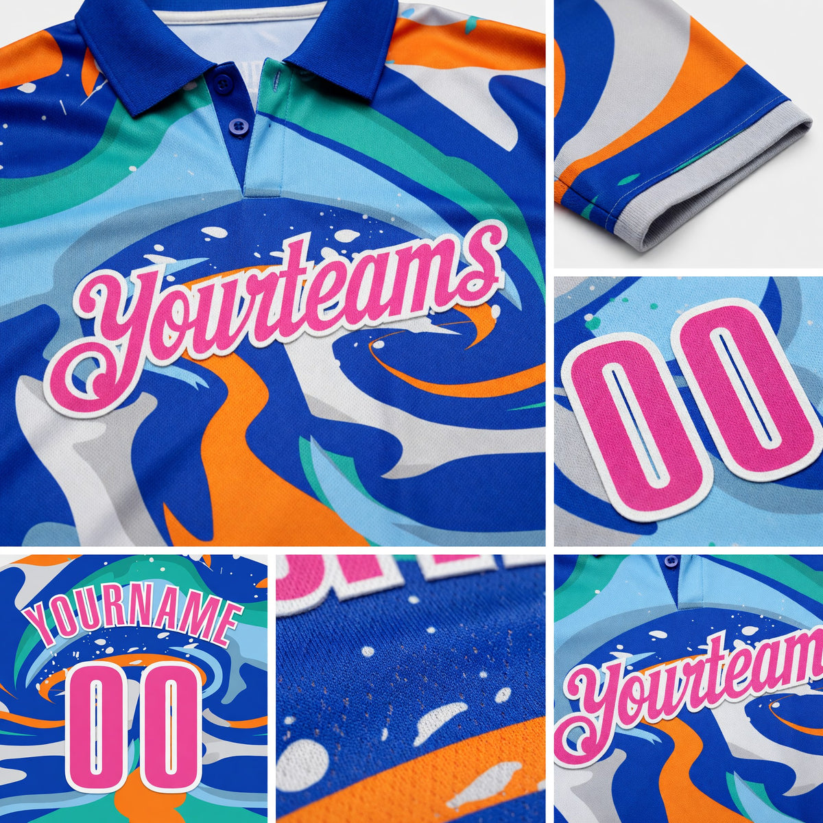 Custom Thunder Blue Pink Bay Orange-Aqua 3D Bowling Splash Ink Performance Polo Shirt detail