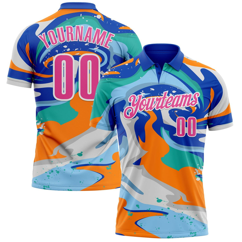 Custom Thunder Blue Pink Bay Orange-Aqua 3D Bowling Splash Ink Performance Polo Shirt photo 1