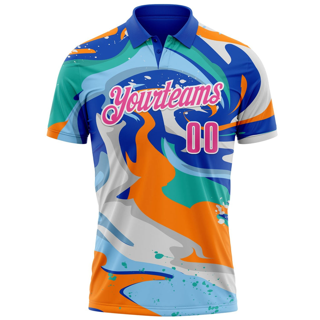 Custom Thunder Blue Pink Bay Orange-Aqua 3D Bowling Splash Ink Performance Polo Shirt photo 2