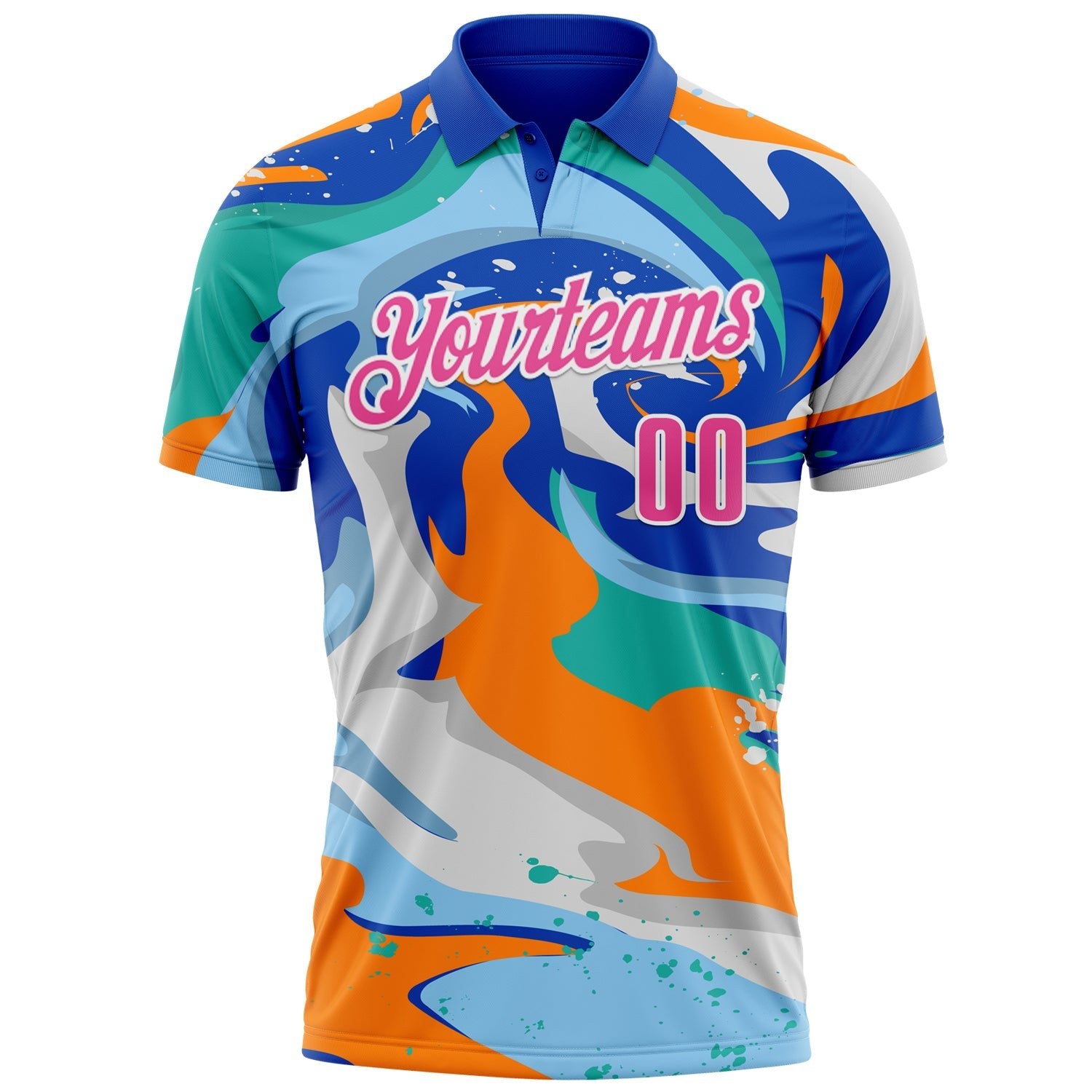 Custom Thunder Blue Pink Bay Orange-Aqua 3D Bowling Splash Ink Performance Polo Shirt photo 2