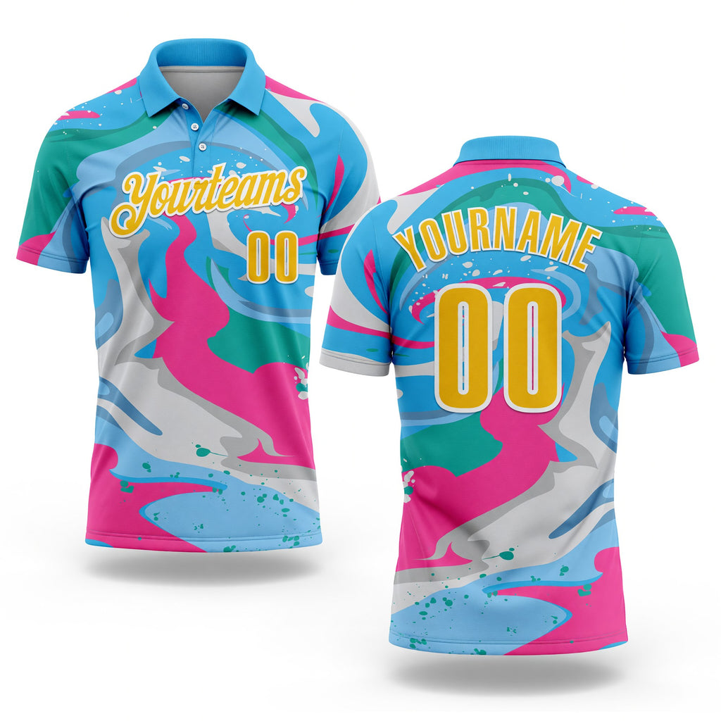 Custom Sky Blue Yellow Pink-Aqua 3D Bowling Splash Ink Performance Polo Shirt