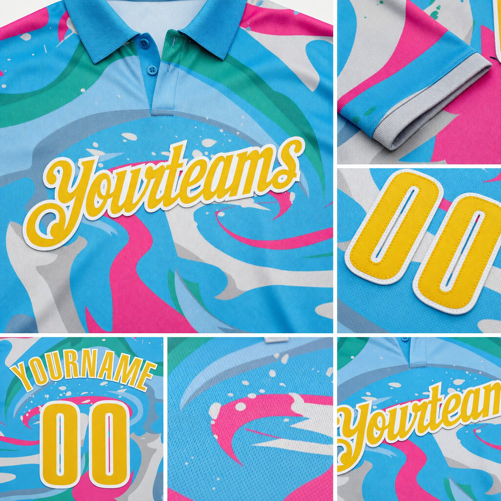 Custom Sky Blue Yellow Pink-Aqua 3D Bowling Splash Ink Performance Polo Shirt detail