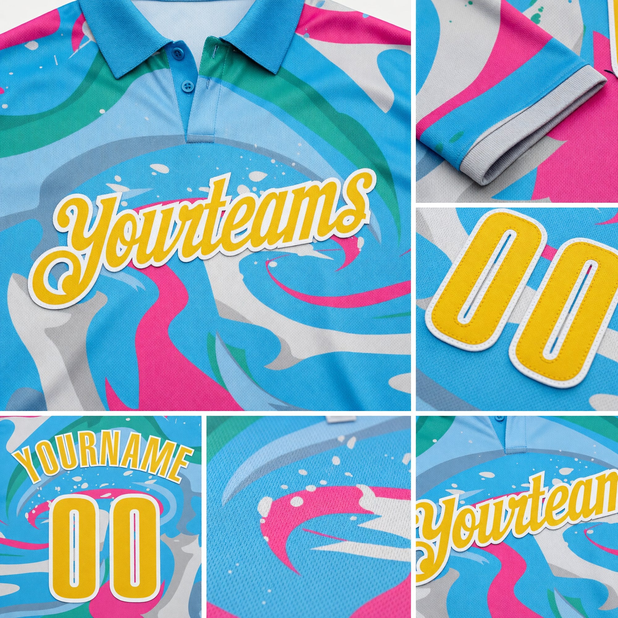 Custom Sky Blue Yellow Pink-Aqua 3D Bowling Splash Ink Performance Polo Shirt detail