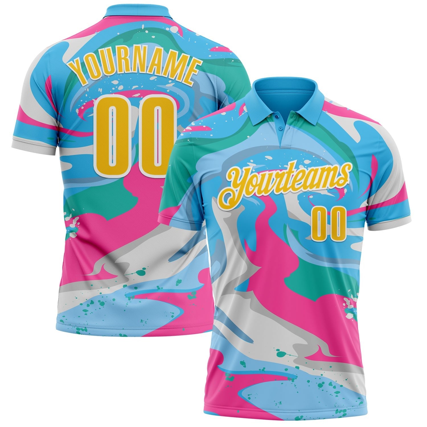 Custom Sky Blue Yellow Pink-Aqua 3D Bowling Splash Ink Performance Polo Shirt photo 1