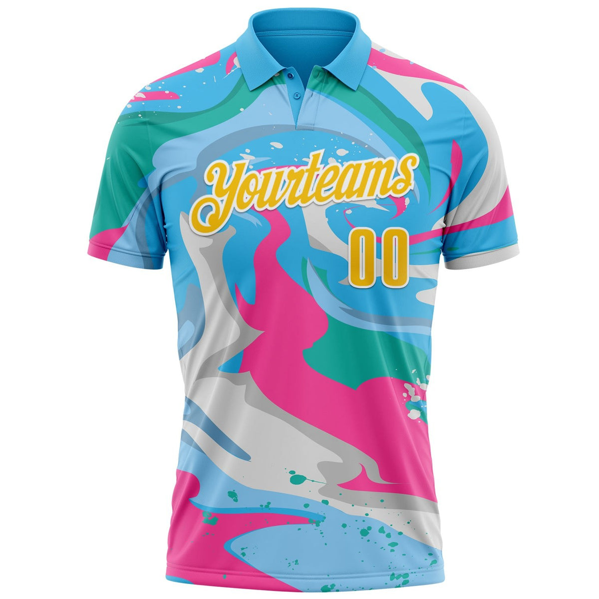 Custom Sky Blue Yellow Pink-Aqua 3D Bowling Splash Ink Performance Polo Shirt photo 2