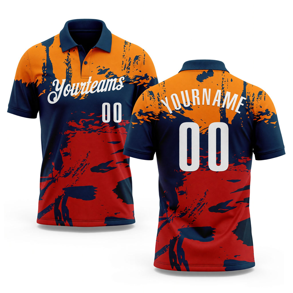 Custom Navy Bay Orange-Red 3D Bowling Splash Ink Performance Polo Shirt