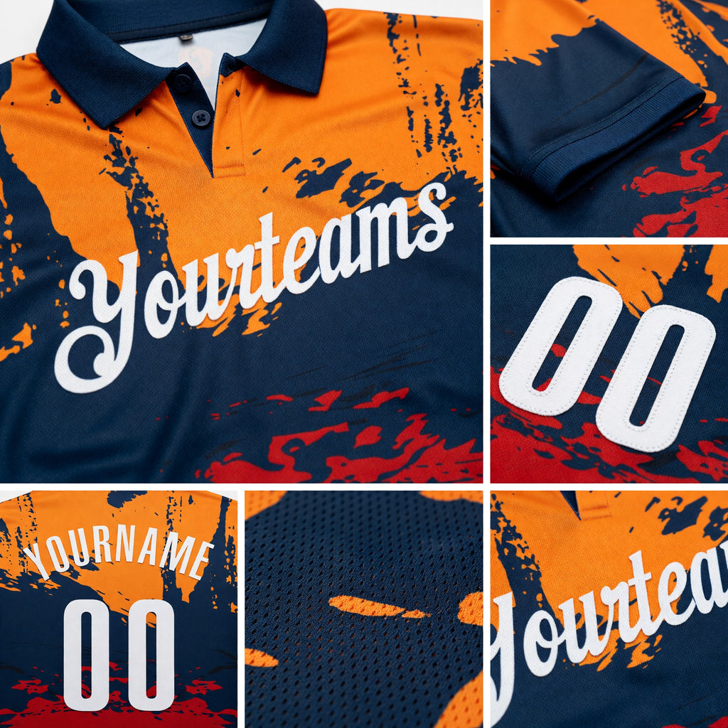 Custom Navy Bay Orange-Red 3D Bowling Splash Ink Performance Polo Shirt detail