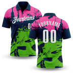 Custom Navy Pink-Aurora Green 3D Bowling Splash Ink Performance Polo Shirt