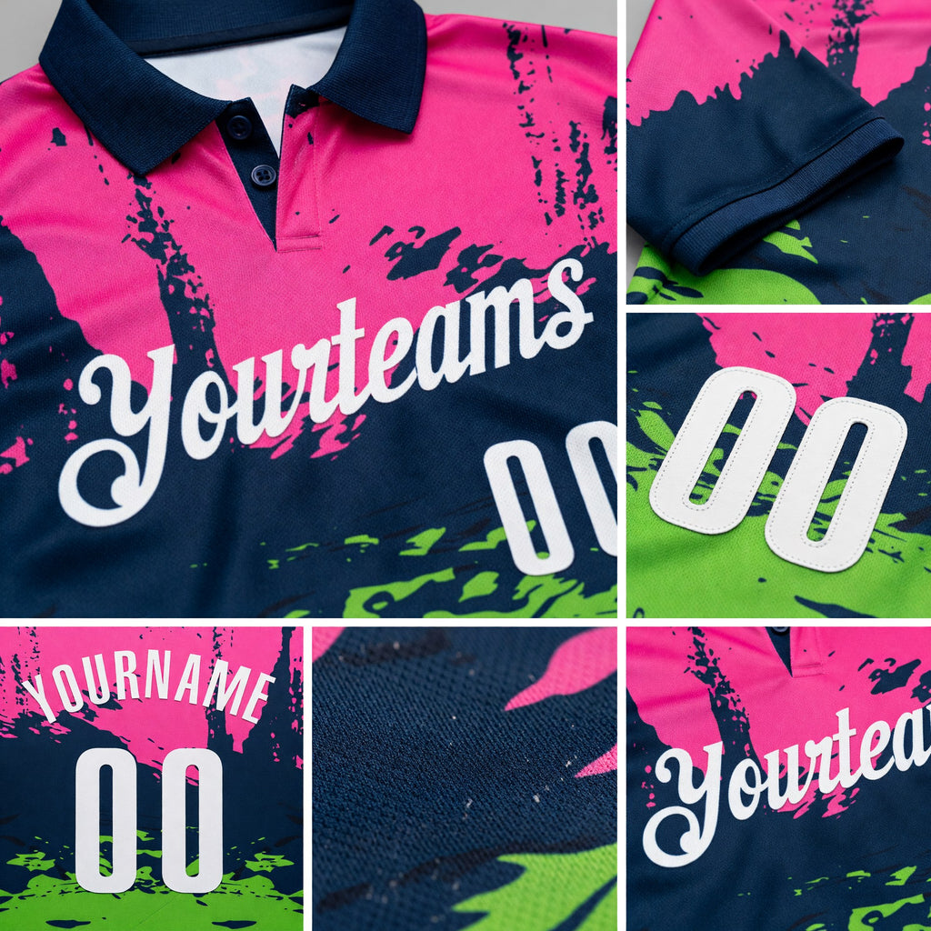 Custom Navy Pink-Aurora Green 3D Bowling Splash Ink Performance Polo Shirt detail