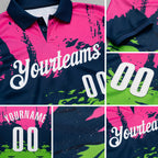 Custom Navy Pink-Aurora Green 3D Bowling Splash Ink Performance Polo Shirt detail