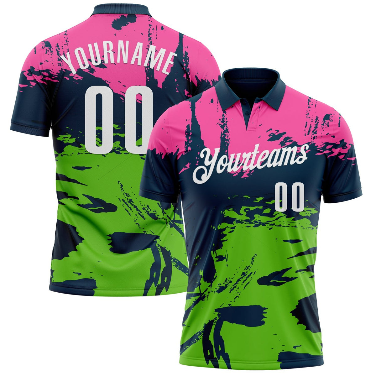 Custom Navy Pink-Aurora Green 3D Bowling Splash Ink Performance Polo Shirt photo 1