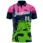 Custom Navy Pink-Aurora Green 3D Bowling Splash Ink Performance Polo Shirt photo 2