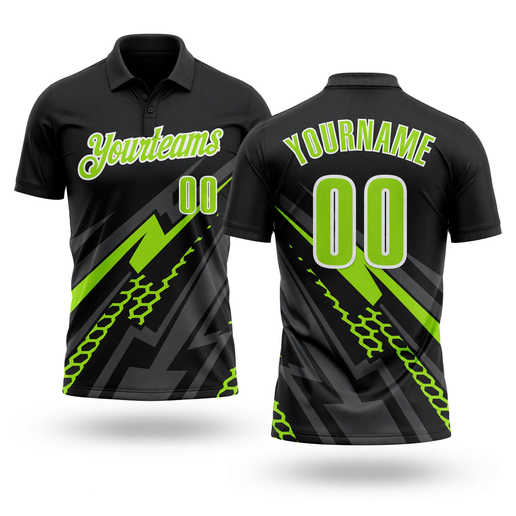 Custom Black Neon Green-White 3D Bowling Geometric Shape Performance Polo Shirt