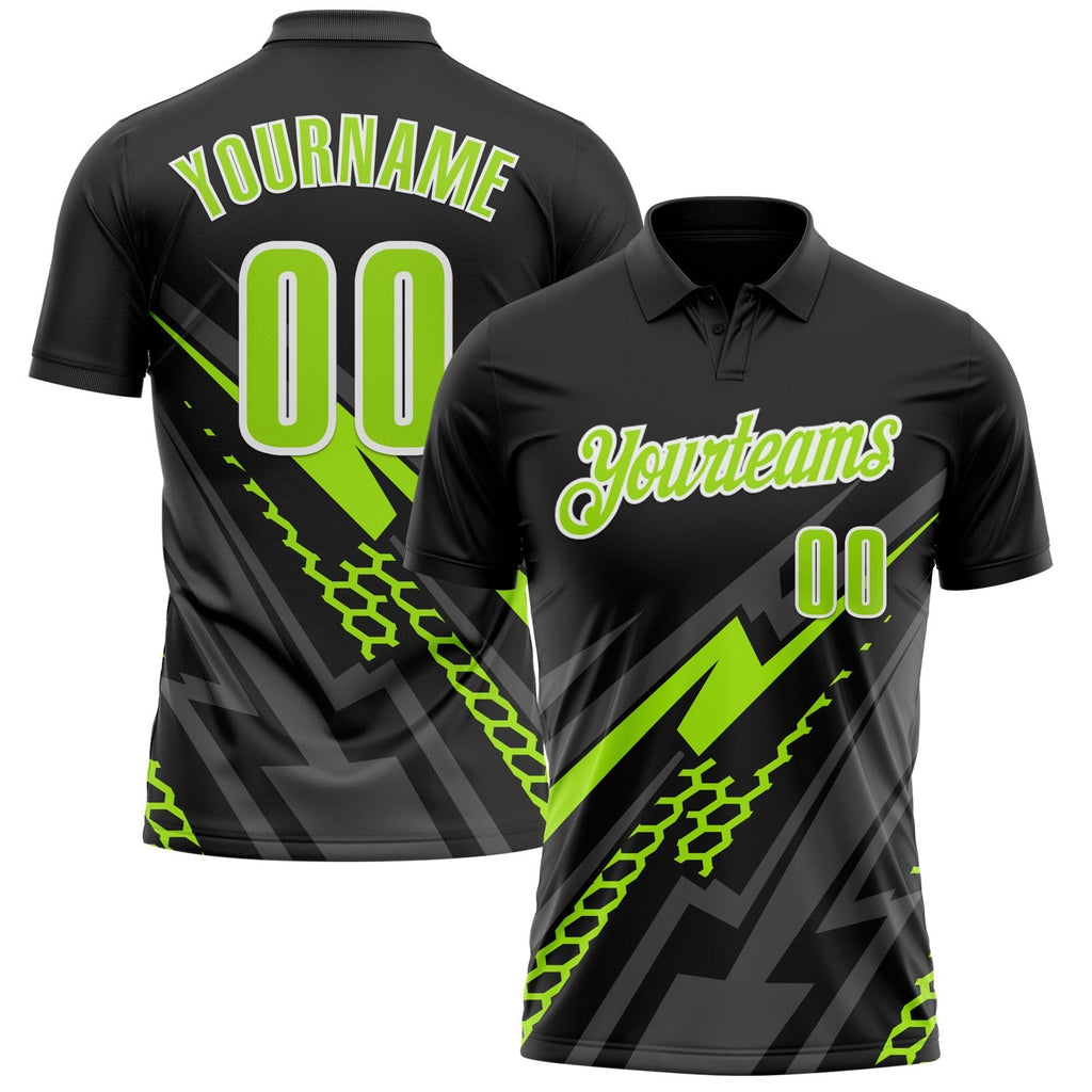 Custom Black Neon Green-White 3D Bowling Geometric Shape Performance Polo Shirt photo 1