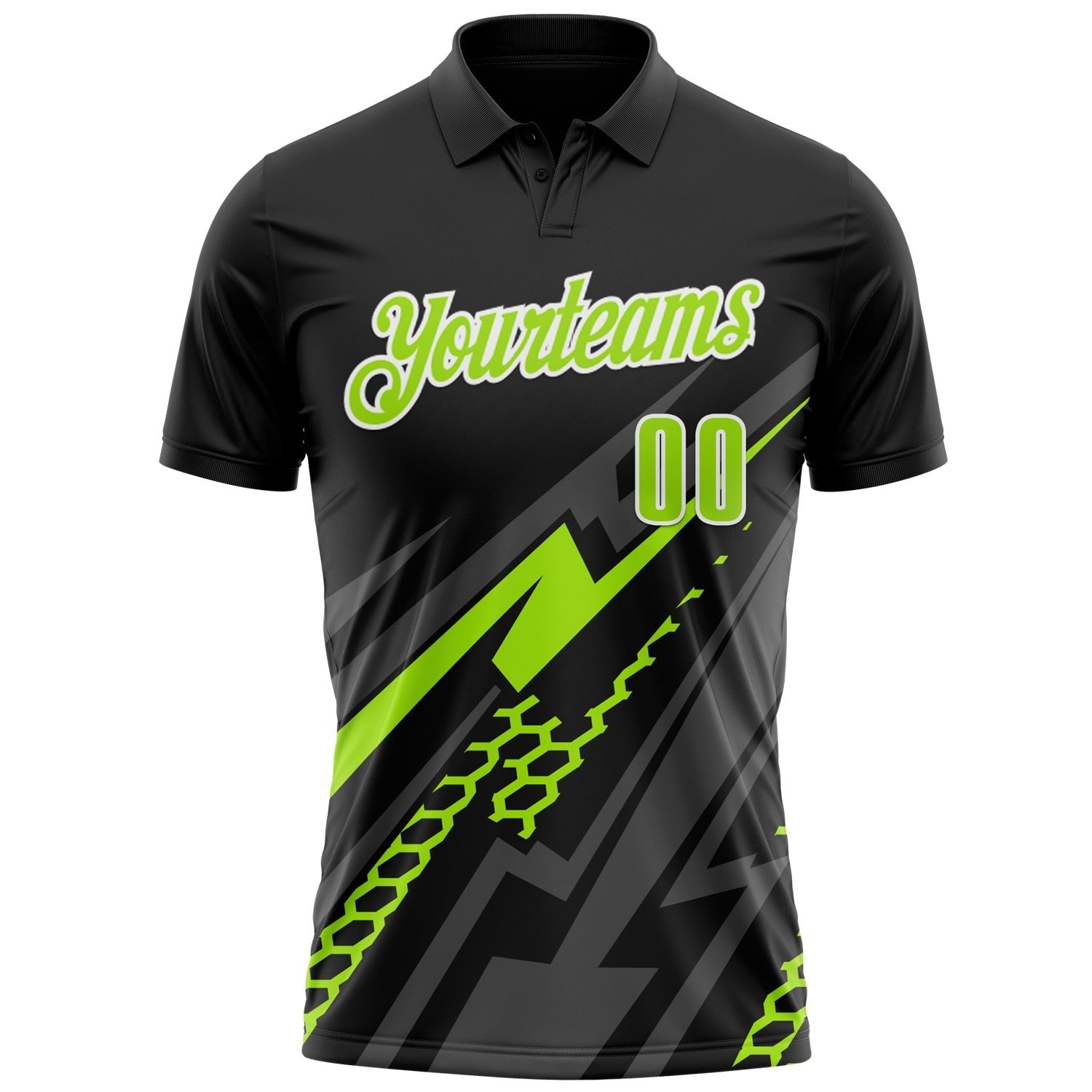 Custom Black Neon Green-White 3D Bowling Geometric Shape Performance Polo Shirt photo 2