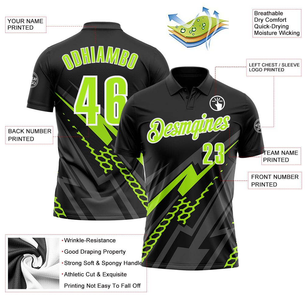 Custom Black Neon Green-White 3D Bowling Geometric Shape Performance Polo Shirt photo 3