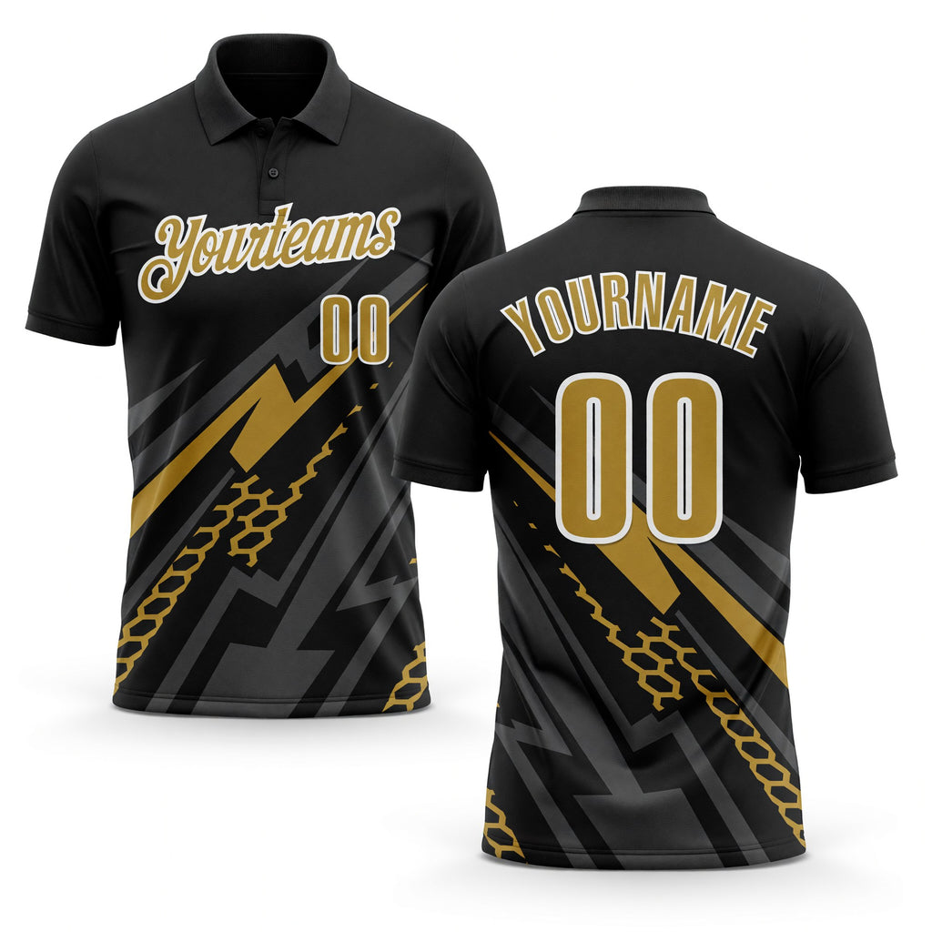 Custom Black Old Gold-White 3D Bowling Geometric Shape Performance Polo Shirt