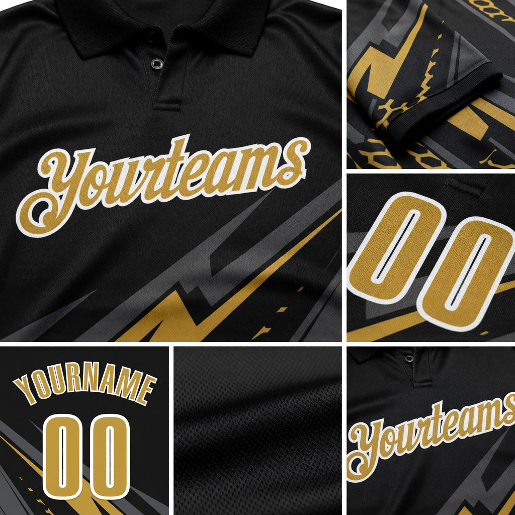 Custom Black Old Gold-White 3D Bowling Geometric Shape Performance Polo Shirt detail