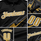 Custom Black Old Gold-White 3D Bowling Geometric Shape Performance Polo Shirt detail