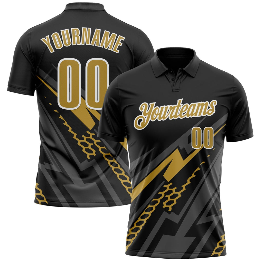 Custom Black Old Gold-White 3D Bowling Geometric Shape Performance Polo Shirt photo 1