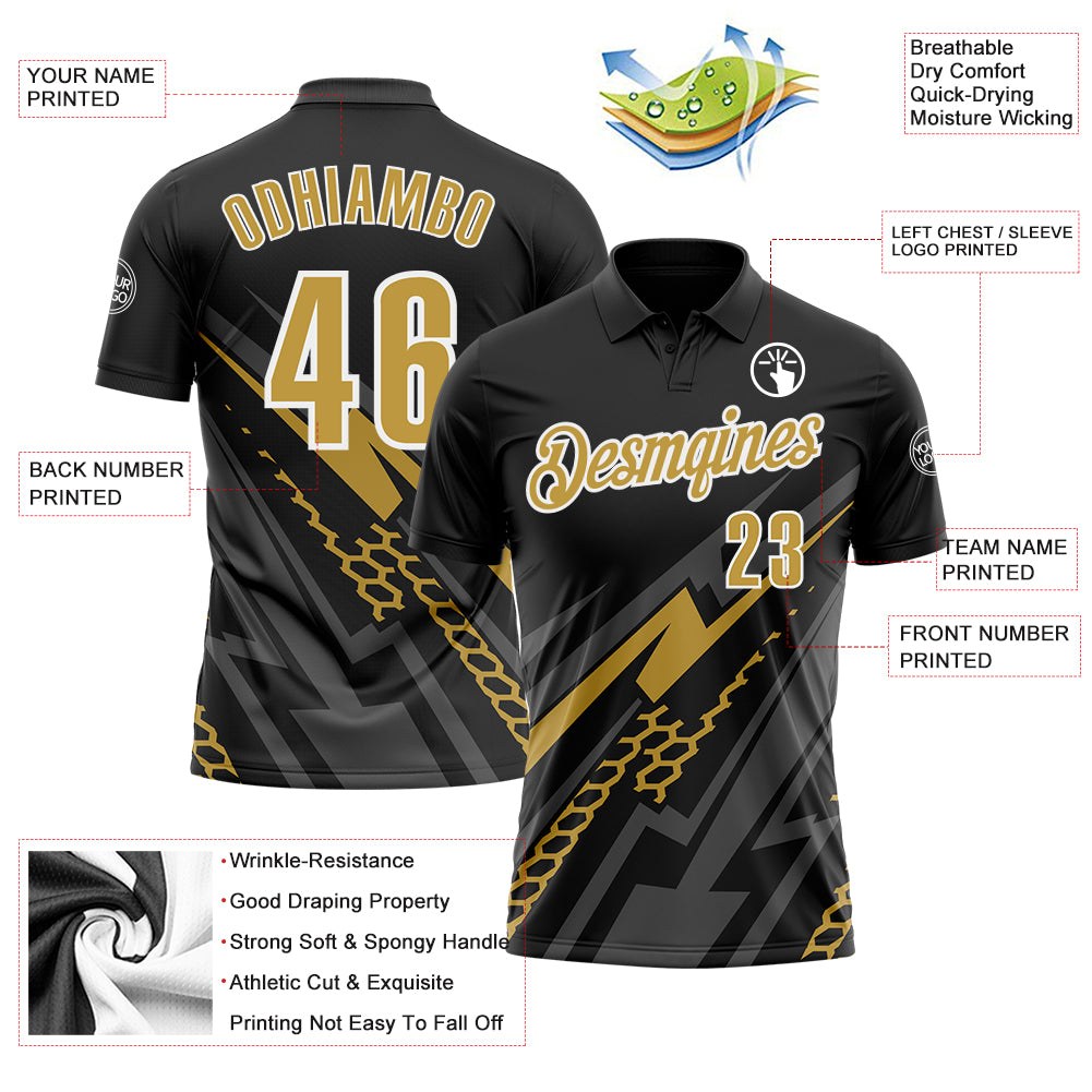 Custom Black Old Gold-White 3D Bowling Geometric Shape Performance Polo Shirt photo 3
