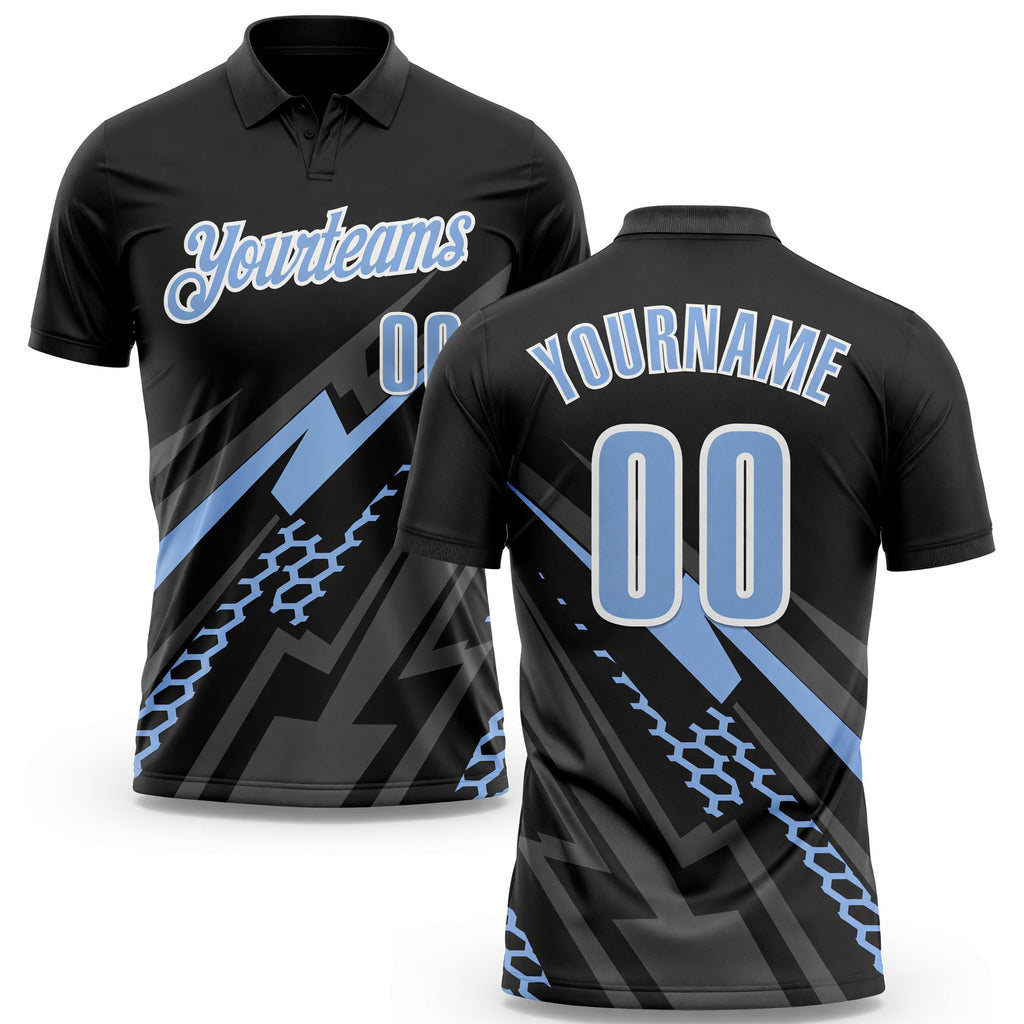Custom Black Light Blue-White 3D Bowling Geometric Shape Performance Polo Shirt