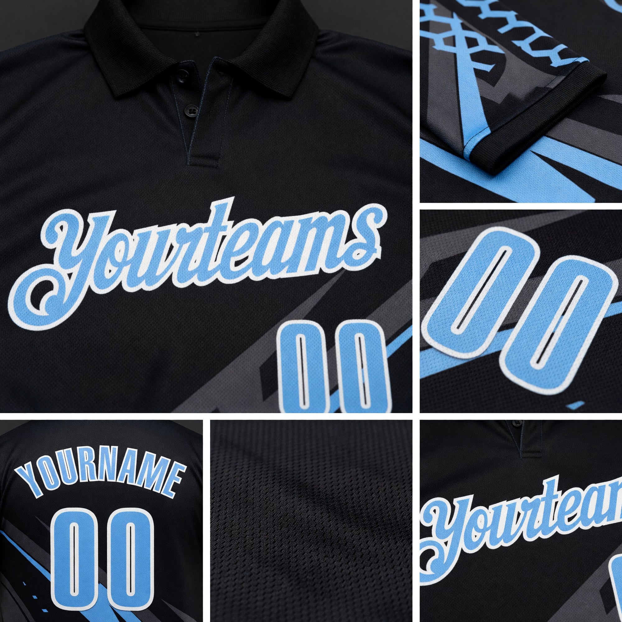 Custom Black Light Blue-White 3D Bowling Geometric Shape Performance Polo Shirt detail