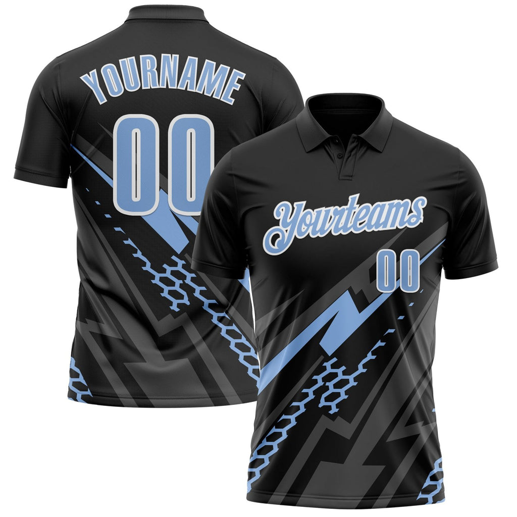 Custom Black Light Blue-White 3D Bowling Geometric Shape Performance Polo Shirt photo 1