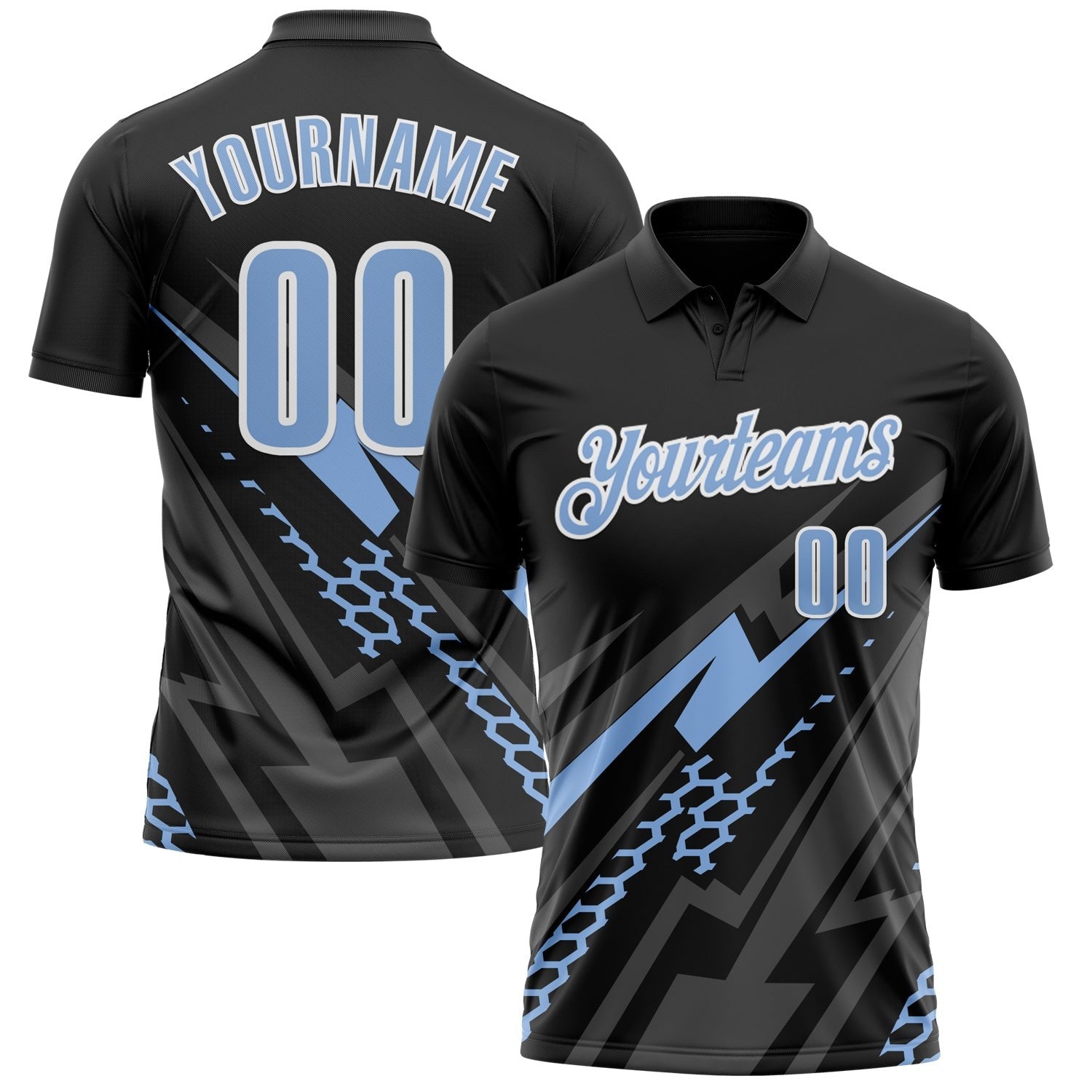 Custom Black Light Blue-White 3D Bowling Geometric Shape Performance Polo Shirt photo 1