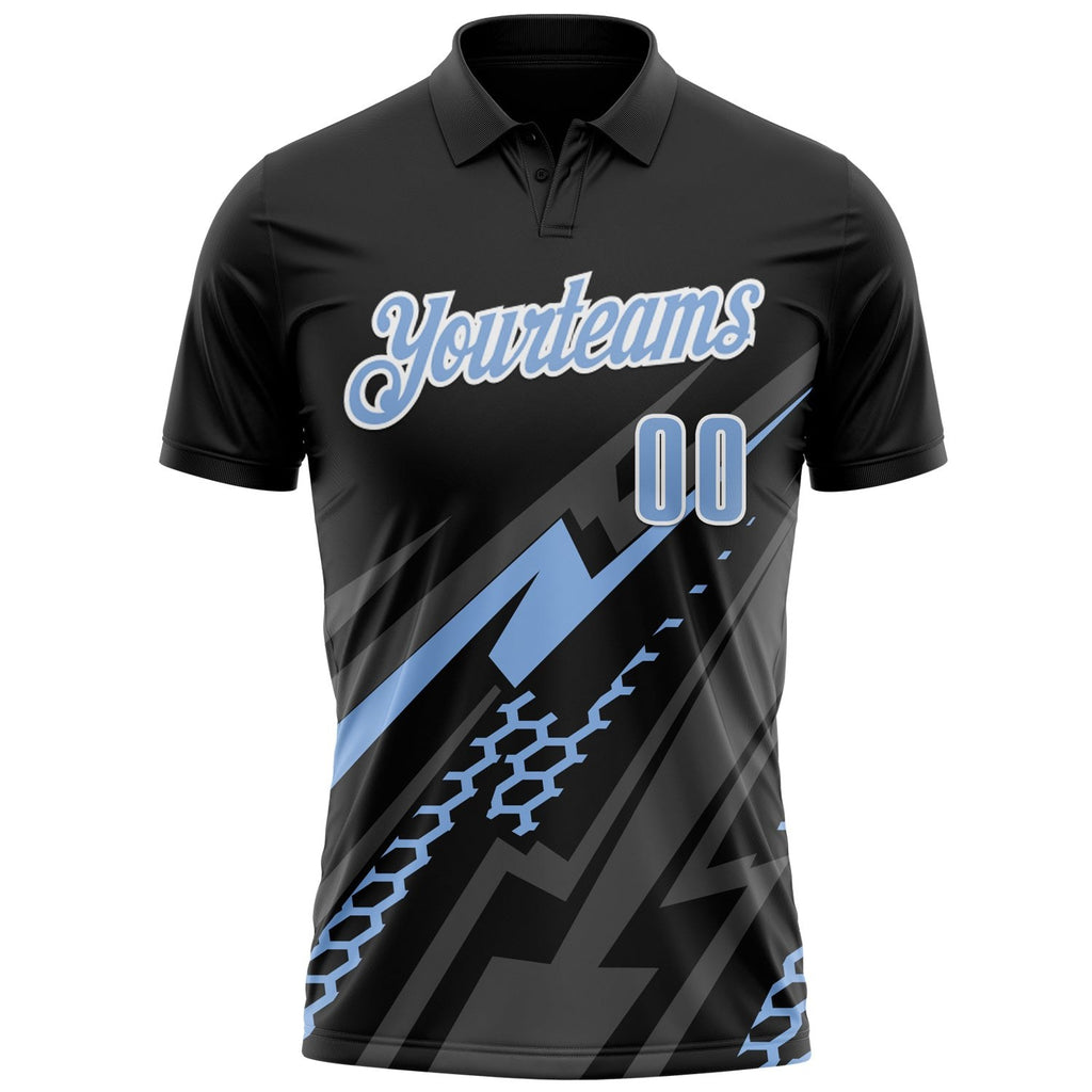 Custom Black Light Blue-White 3D Bowling Geometric Shape Performance Polo Shirt photo 2