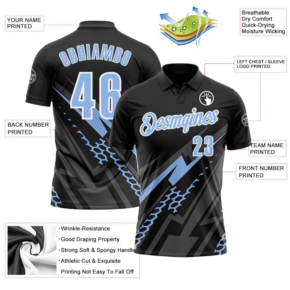 Custom Black Light Blue-White 3D Bowling Geometric Shape Performance Polo Shirt photo 3
